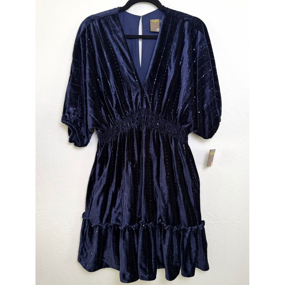 Taylor Navy Blue Velvet Sparkle Mini Dress Smocked Waist Cocktail Size 8 NWT
